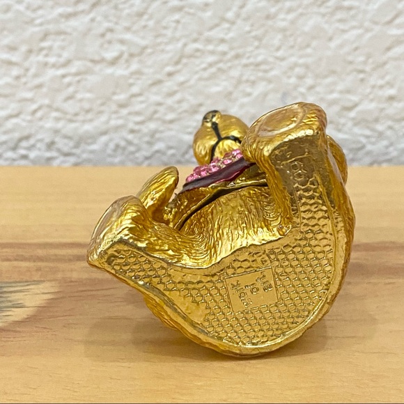 Objet d Art Form Work of Art Gold Bear Holding a Heart Rhinestone Enamel Trinket - Picture 5 of 12